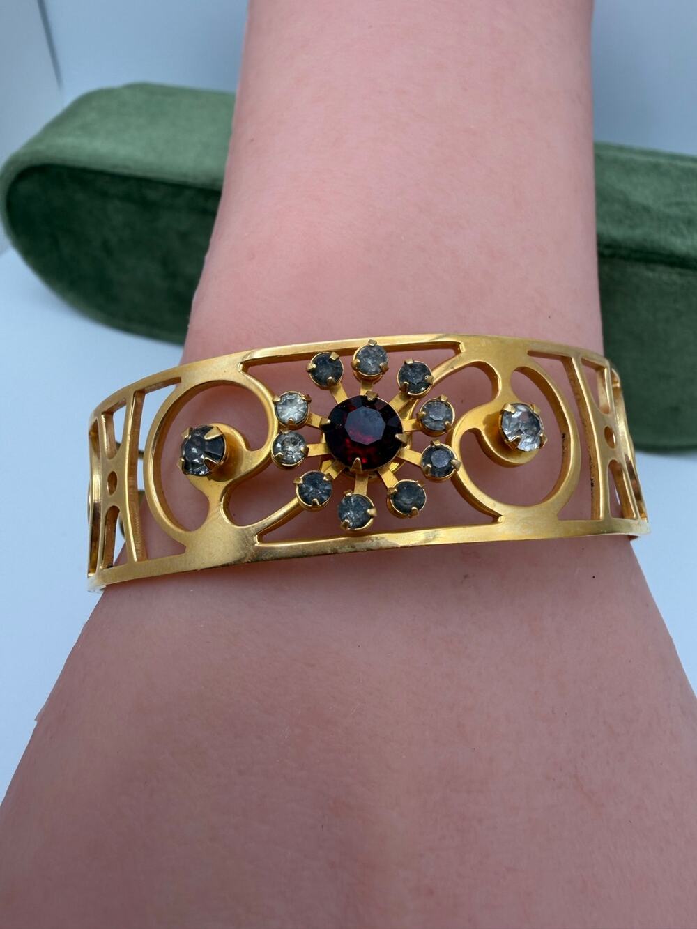 Vintage 1940's Open Work Blue Crystal Gold Cuff Bracelet